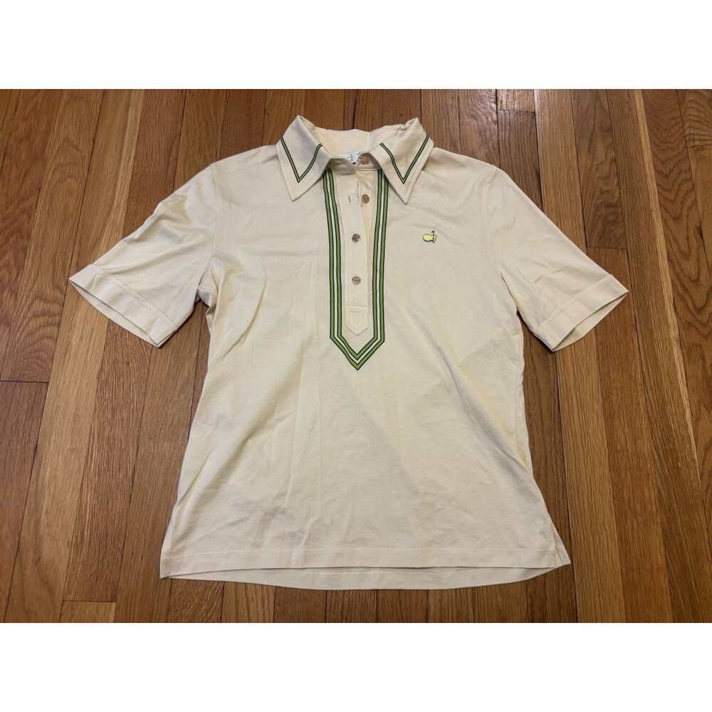 RARE Tory Burch X Masters Golf Cotton Green Cream Button Up Polo Shirt Size M